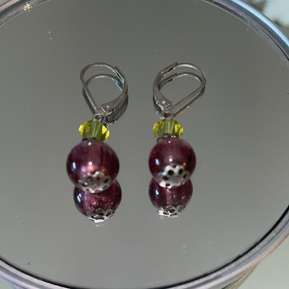 Purple glass  bead & light‎ green dangle wire earrings